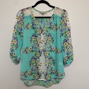 3/4 Slv Blouse Floral Mix Media Print w/ lace